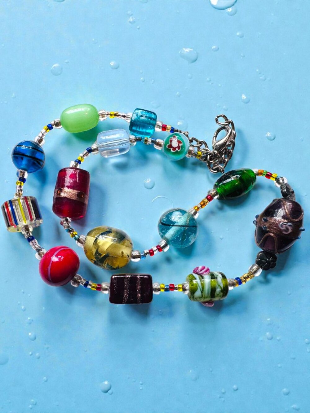 Venetian Art Glass Necklace • Millefiori, Foil & Wedding Cake Beads • 18"